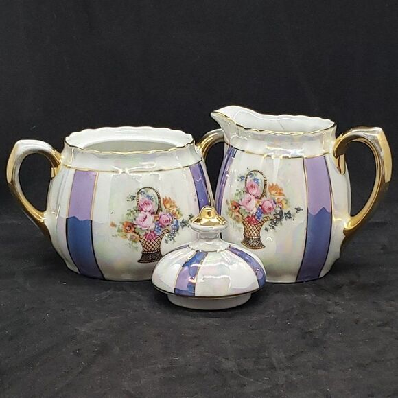 Oscar Schaller & Co. Bavaria Vntg Purple Gold Floral Basket Cream & Sugar AS IS - Picture 1 of 13